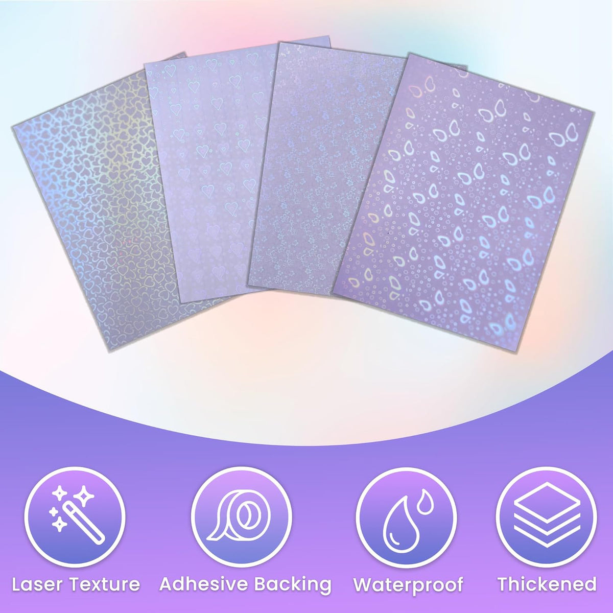 SANZIX 36 Transparent Holographic Laminate Sheets - A4 Waterproof Self Adhesive Sticker Paper Laminating Sheets & Vinyl Sticker Paper (Flower, Butterfly, Small & Big Hearts)