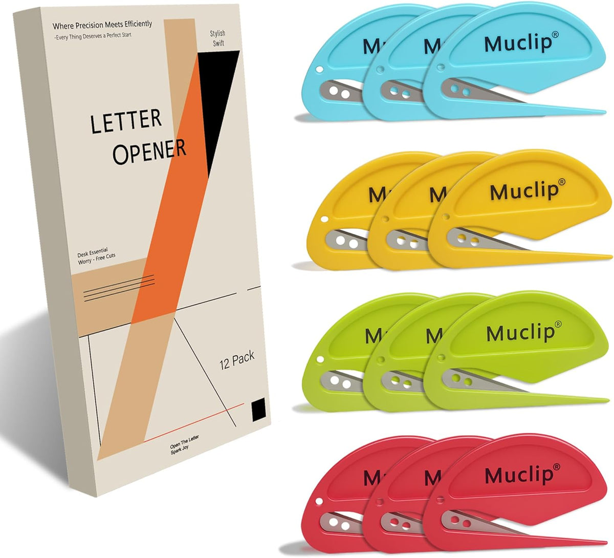 12 Pack Letter Opener Envelope Slitter - Ergonomic ABS Grip, Hidden Stainless Steel Blade,Fast Opener for Envelope,Letter,Mail,Package,Ideal for Office,Home,Business (Boxed)