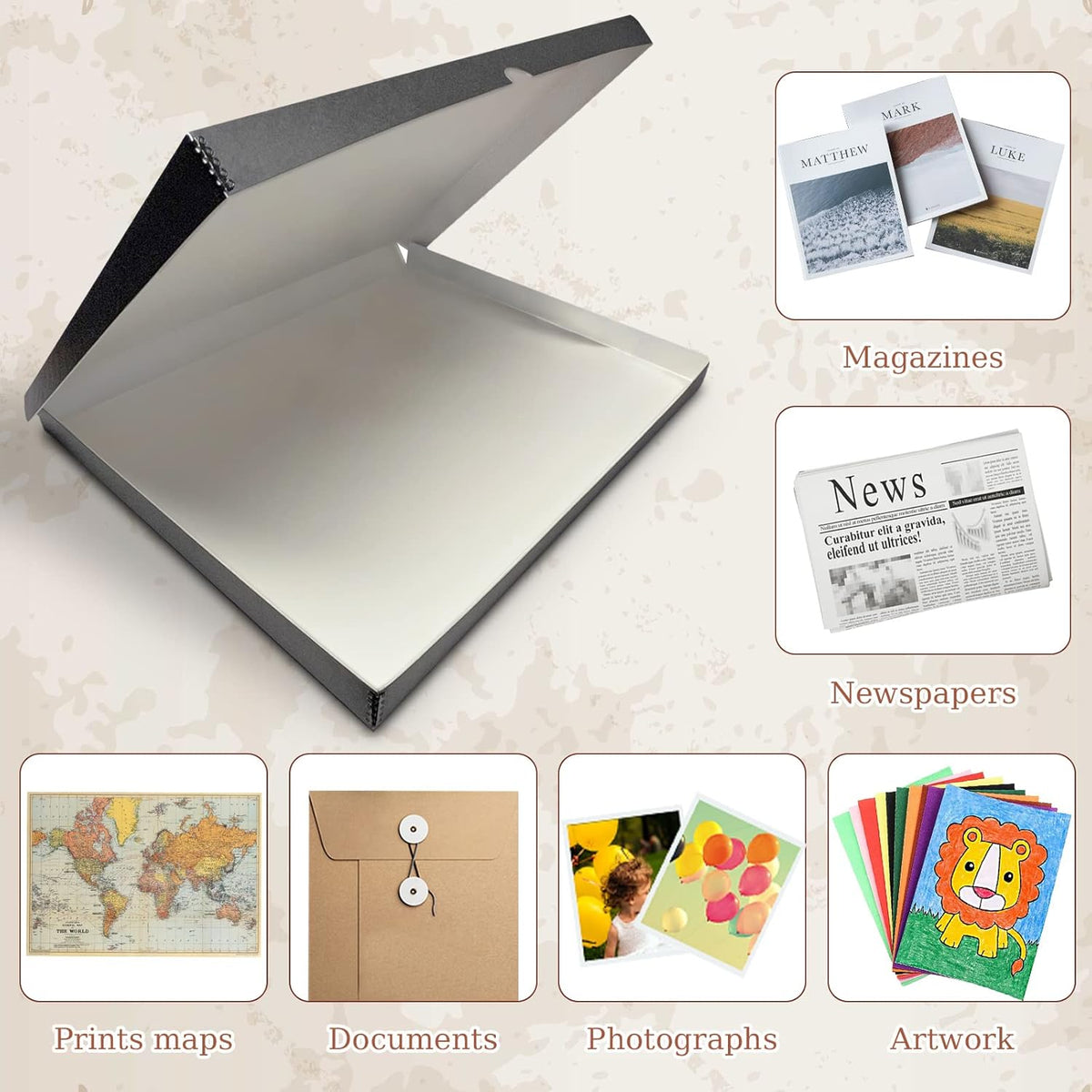 Golden State Art, Archival Folio Storage Box 11x14, Clamshell Design with Metal Edge, Preserve And Store Photos Documents Cards Prints Arts Crafts DIY, Gray