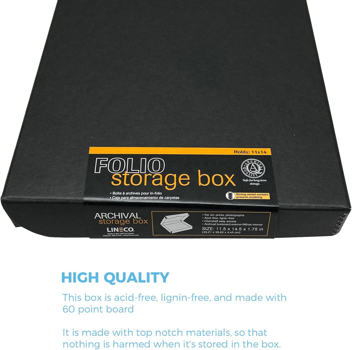 Lineco Folio Storage Box. Archival Clamshell with Metal Edge Boxboard, 11 x 14 x 1.75 Inches, Longevity Organize and Store Photos Documents Craft Cards Magazine Prints Wedding Dresses DIY, Black