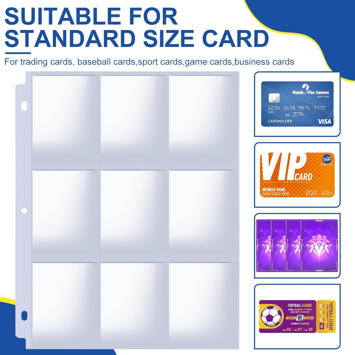 7200 Pockets Card Sleeves Binder Sheets, 9 Pocket Card Sleeves for 3 Ring Binder, Trading Cards Sleeves Fit for Baseball, Football, Game, Business Cards(400 Pages)