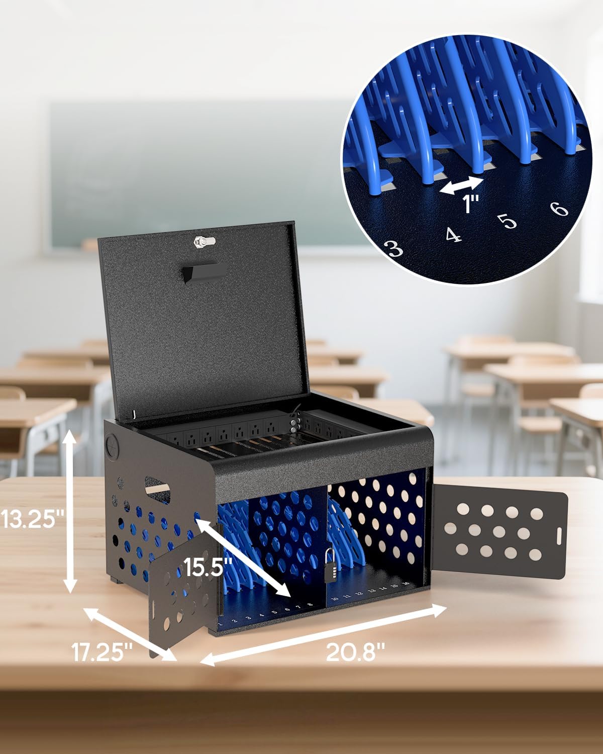 16-Device Locking Tablet Charging Station - Classroom Charging Station for Chromebook Tablet Laptop - Metal Laptop Charging Cart with Cable Management and Charger Organization (Black)
