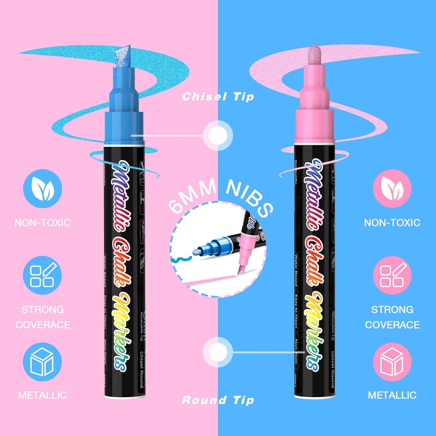 Liquid Chalk Markers Pens - 10 Metallic Colors Washable & Wet Erase Chalk Pens for Blackboard, Chalkboard Signs, Glass Window, Graduation Celebration School Kids Art - Erasable Window Markers for Cars
