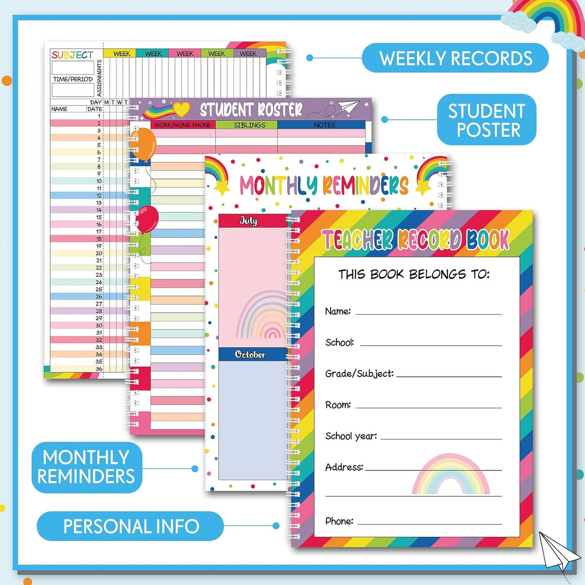 Teacher Record Book Teacher Grade Book Spiral Bound Record Class Gradebook Office Favors Gift for Classroom Attendance Supplies Decoration Double Sided Color Printing(Sunny)