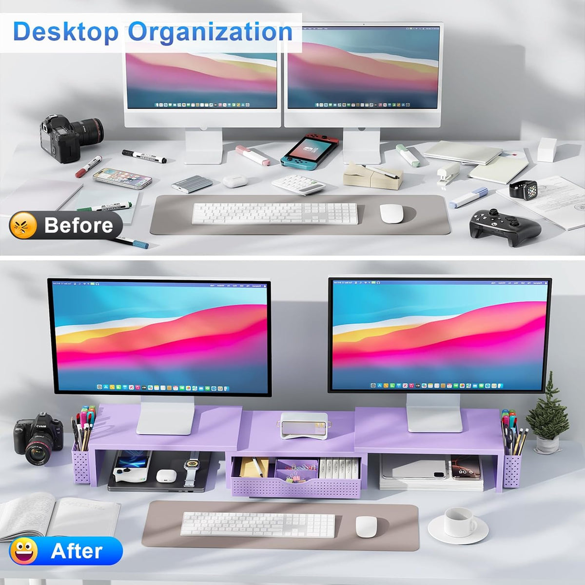 gianotter Dual Monitor Stand Riser, Desk Organizer With Drawer and 2 Pen Holders, Desk Organizers and Accessories, Purple Office Decor (Purple)