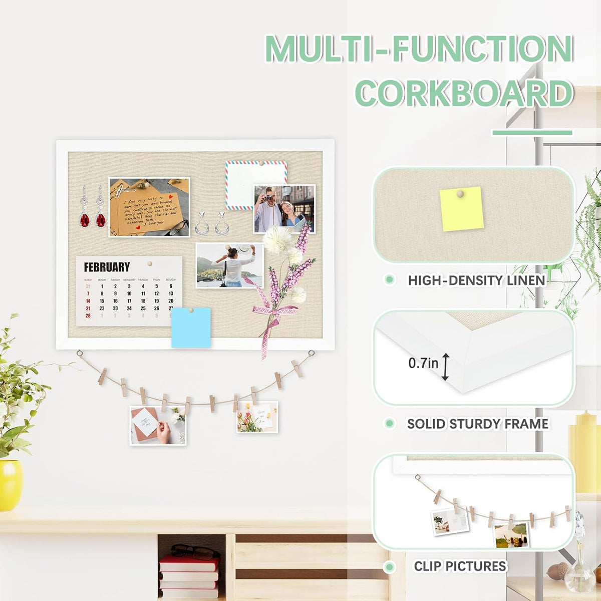 DOLLAR BOSS Cork Board Bulletin Board with Linen Double-Sided 36" x 24" Linen Corkboards for Walls Picture Display Vision Board for Office Home School Framed Picture Pin Board, 20 Pushpins 10 Clips
