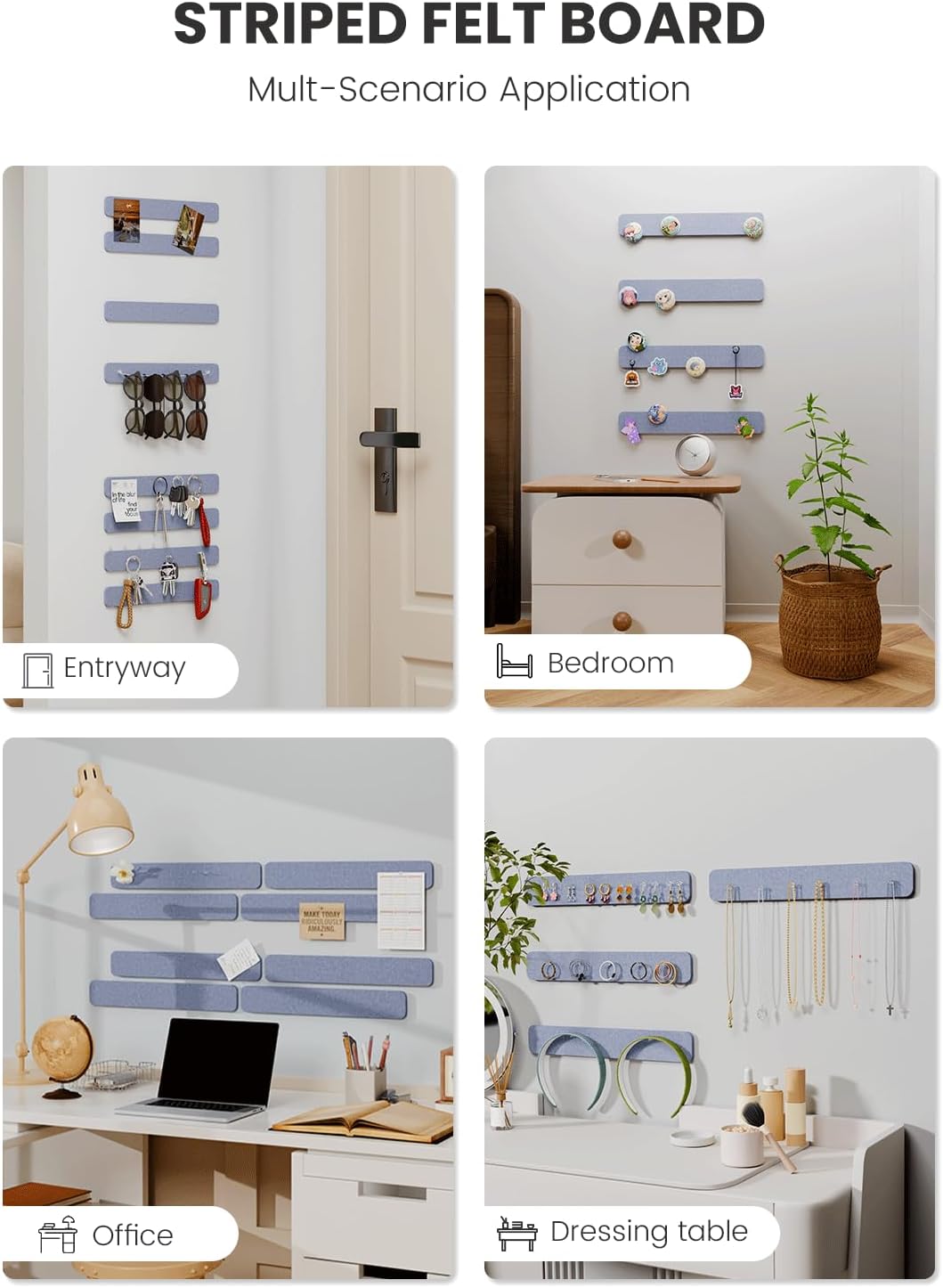 Cork Board Alternative Felt Strip Board 8-Pack 13"x2", Office Pin Board with 50 Push Pins, Adhesive Install for Bedroom Door & Home Office(Soft Periwinkle)