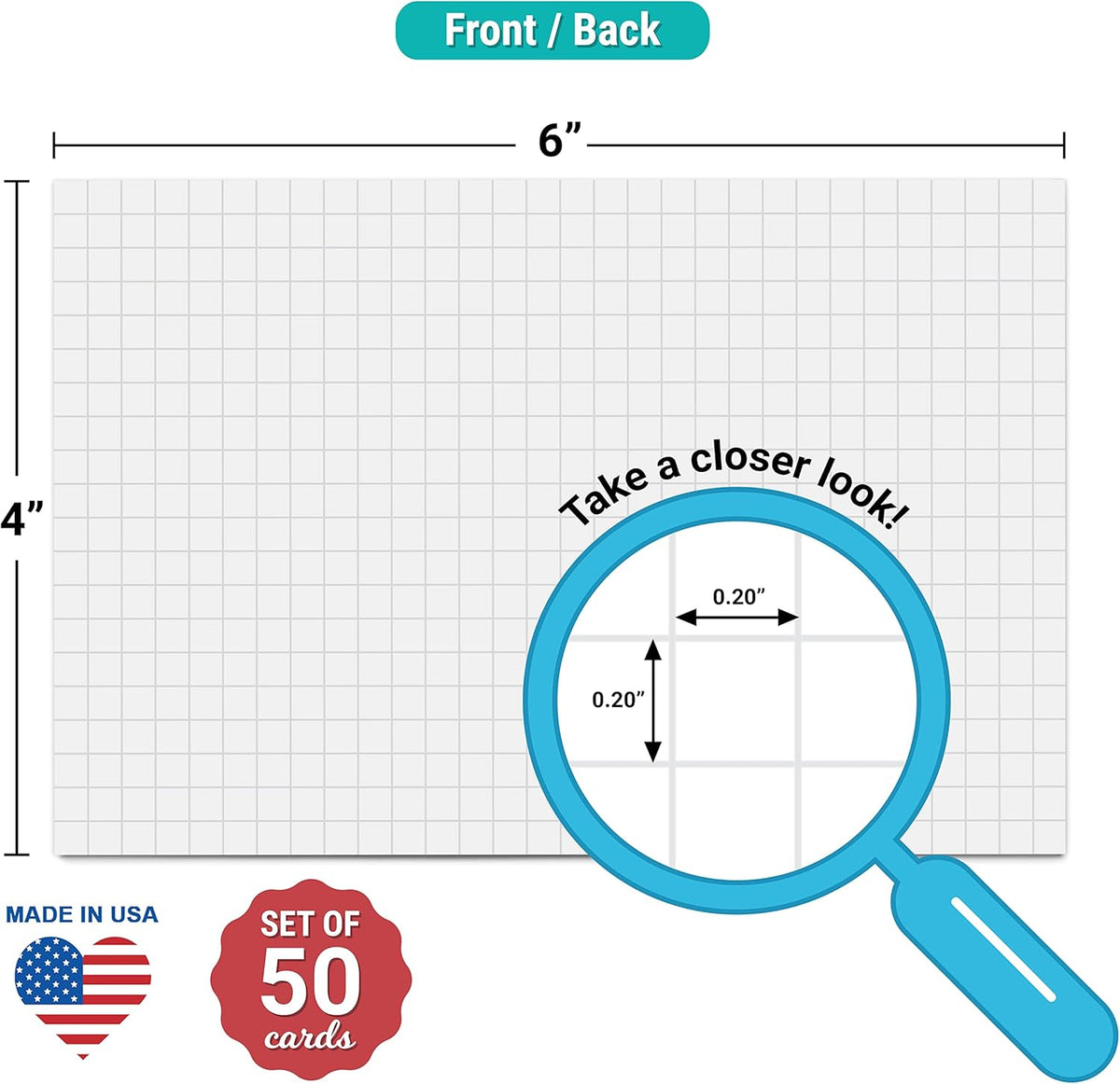 321Done Graph Ruled Index Cards (Set of 50) 4" x 6", Grid 0.20" Double-Sided, Thick Cardstock, Made in The USA, White