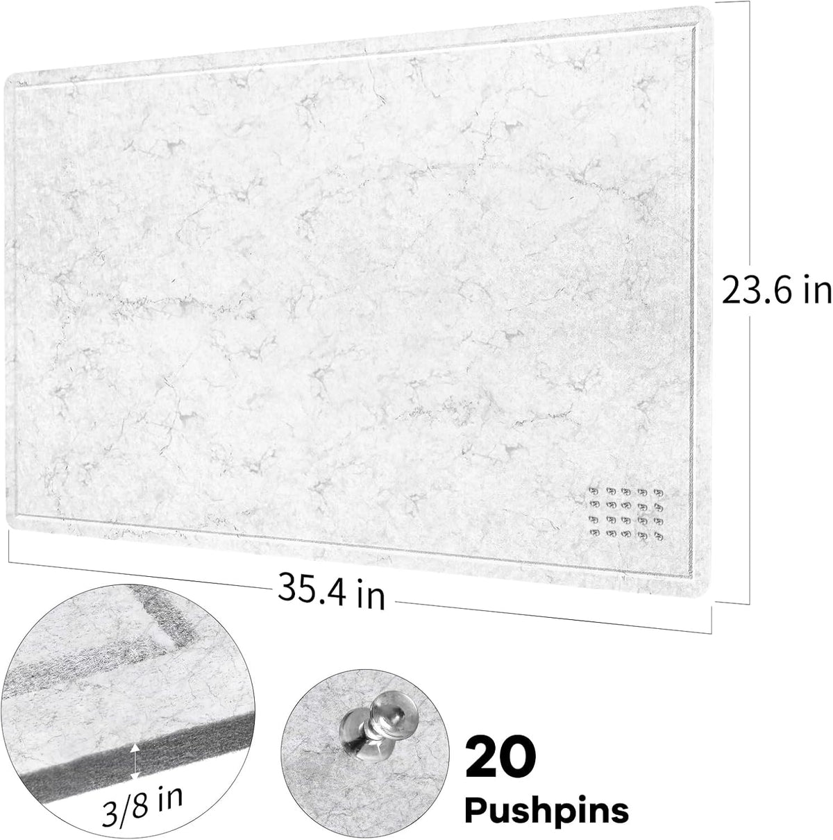 Bulletin Board, 36 x 24 inches Felt Board - Decorative Pin Board, Cork Board Alternative for Wall, 3' x 2' Foldable Picture Board Self-Adhesive Vision Board with 20 Pushpins - Marble White