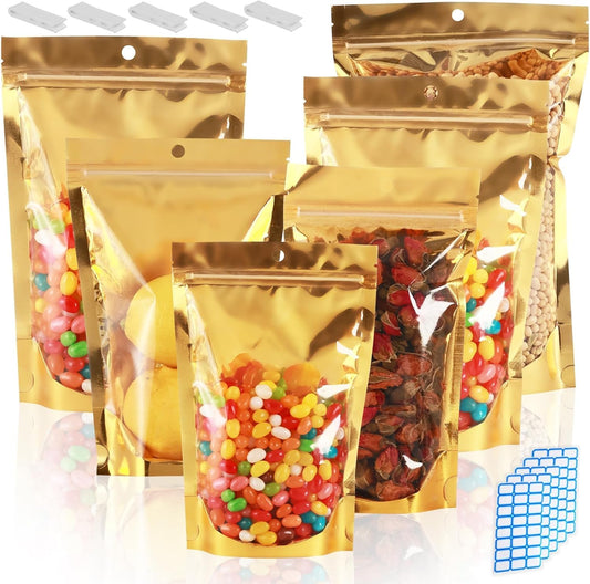 150 Pcs Mylar Bags for Food Storage 7x10 Mylar Bag with Window Stand Up Large Resealable Bags Smell Proof Bag Food Packaging for Small Business Freeze Dried Candy Jewelry Foil Packaging Gold