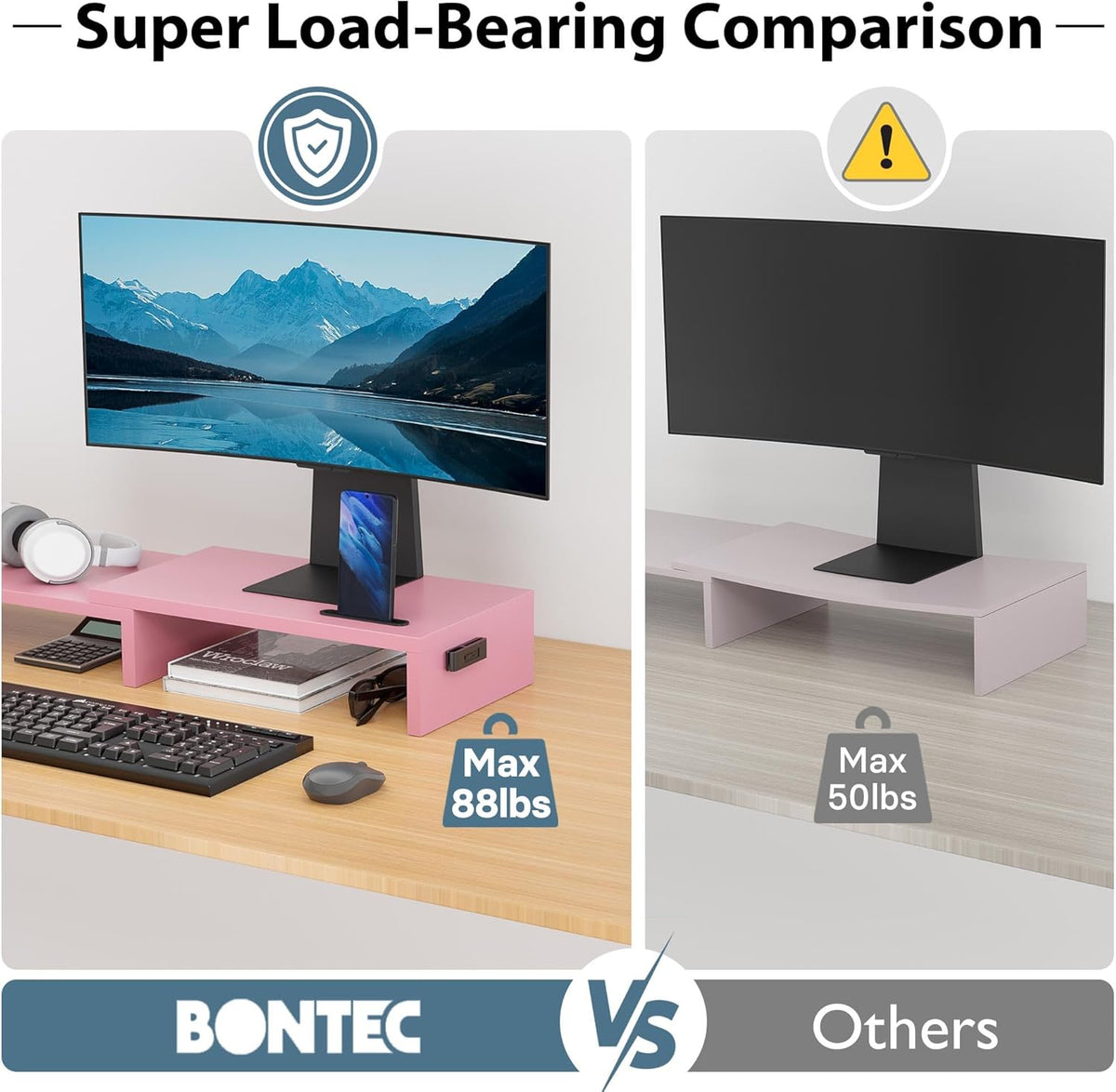 BONTEC Dual Monitor Stand for Desk, Adjustable Length and Angle Monitor Stand Riser with Smartphone Holder, Desk Shelf for Top of Desk, Computer Monitor Stand with Storage, Office Desk Organizer, Pink