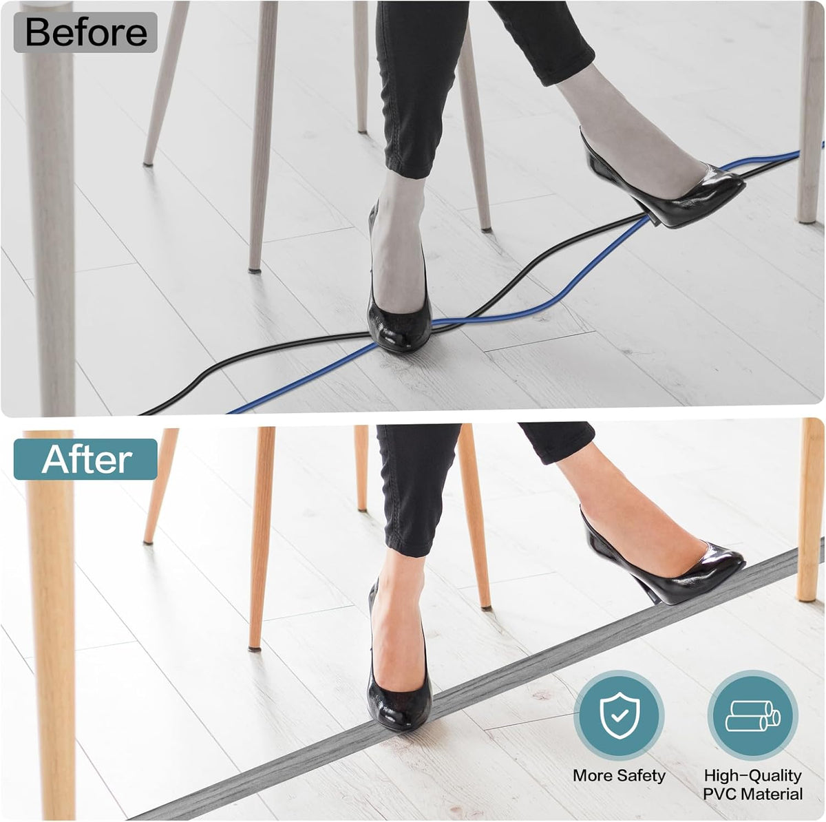 Floor Cord Cover Self Adhesive Cord Hider Floor Extension Cord Covers for Floor Power Cord Protector Cable Management Prevent Cable Trips Cable Cavity 0.59" W x 0.31" H (Light Grey Wood, 3.3Ft)