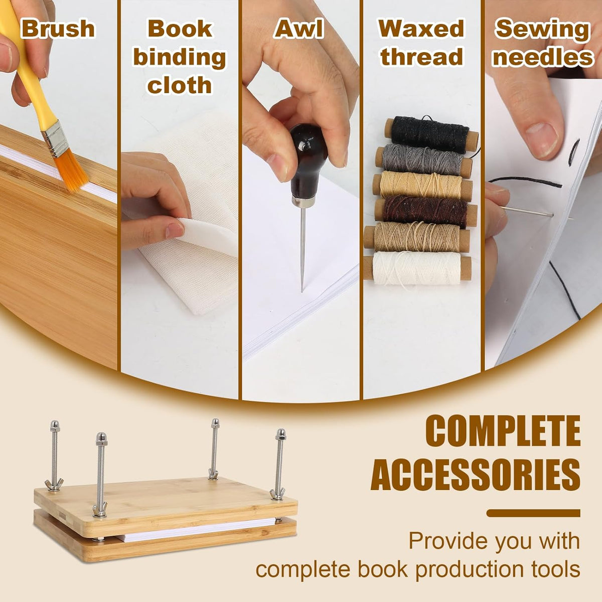 Book Binding Kits for Beginners, 7.9”x11.6” Inch Wooden Book Press, Bookbinding Kit Bookbinding Tools with Bone Folder, Awl, brush, Cloth, Needles for DIY Bookbinding, BookRepair, Handmade Crafts