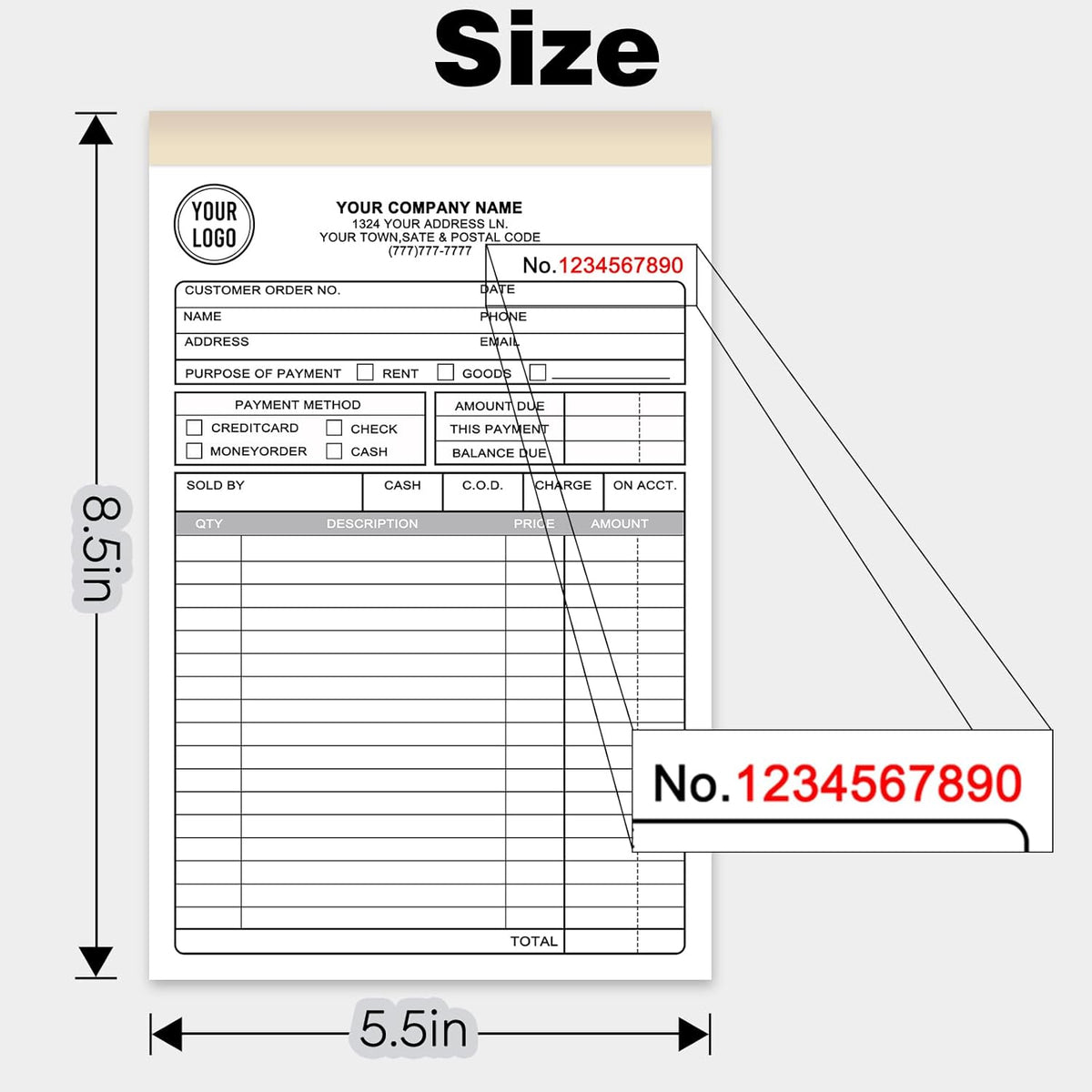 Custom Invoice Receipt Book for Small Business 5.5x8.5" Personalized 3-Part Contractor Duplicate Carbonless Sales Forms with Company Name Address Phone Number 150 Sets