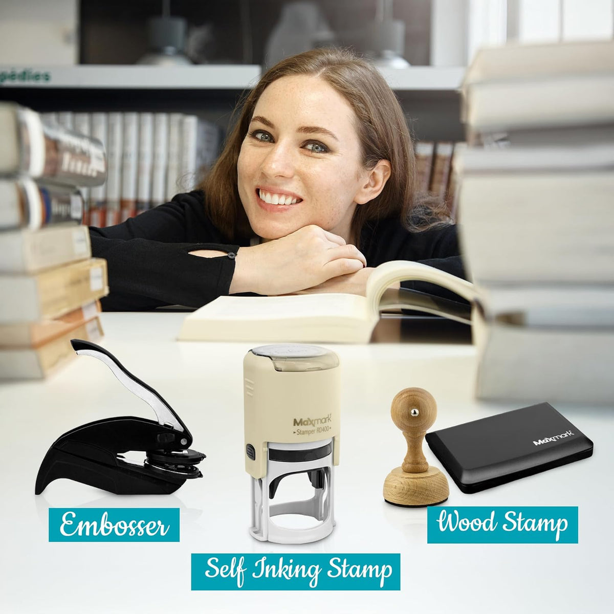 Custom Library Embosser - Style 101 - Embosser, Wood Stamp or Self Inking Stamp - Book Embosser Includes 50 Gold Seals - Custom Stamp Seal from The Library of
