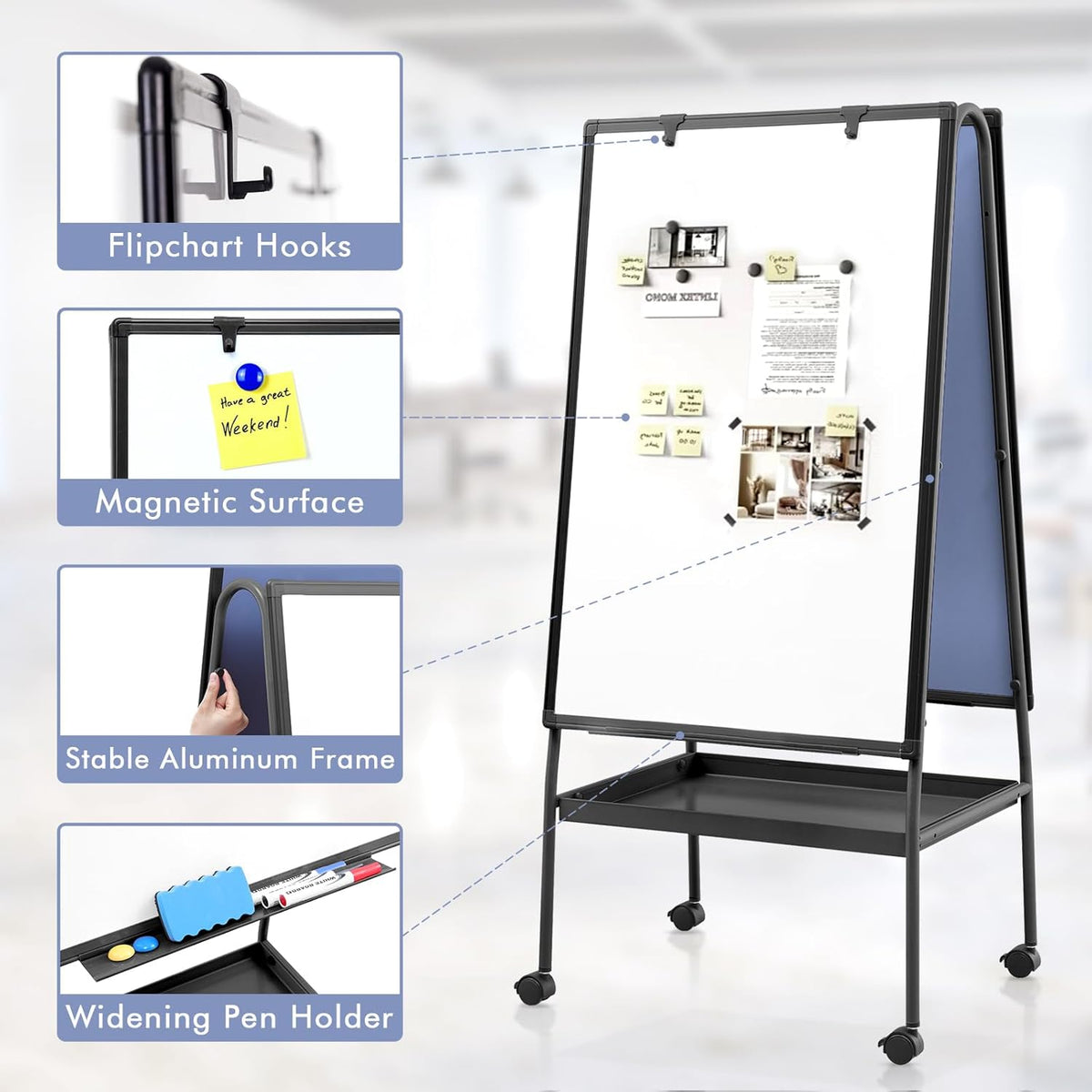 MAKELLO Rolling Whiteboard on Wheels 36x24 in, Double Sided Mobile White Board with Storage Tray for Office School Home, Magnetic Classroom Easel for Teacher, Height Adjustable, Aluminum Frame, 3'x2'