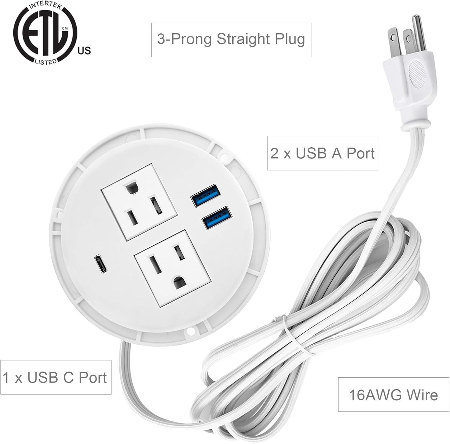 Kungfuking Desktop Power Grommet with PD 20W USB C,Recessed Power Strip with USB Port, Desk Outlet Socket with USB C,2 AC Outlets and 3 USB Charging Port 6.56 FT Extension Cord
