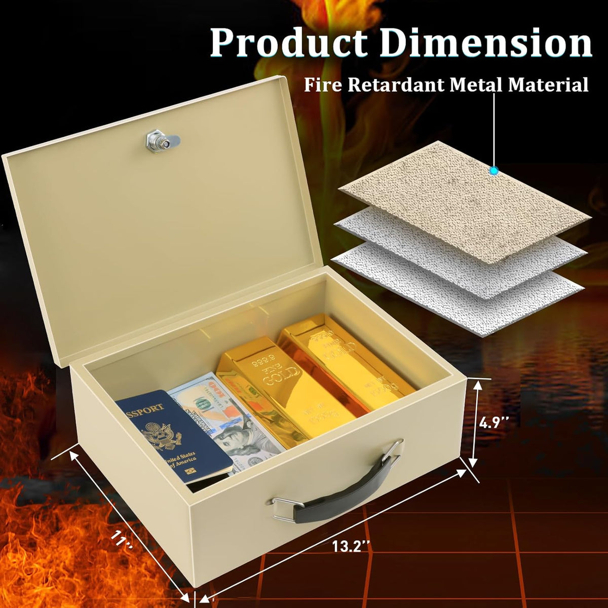 Dalmbox Portable Fire Safe Box with Key Lock, 13.2”x 11”x 5.1'', Fire Resistant Metal Storage Box, Lock Box for Documents, Safety Deposit Box for Home, Outside, Car, X Large, Sand