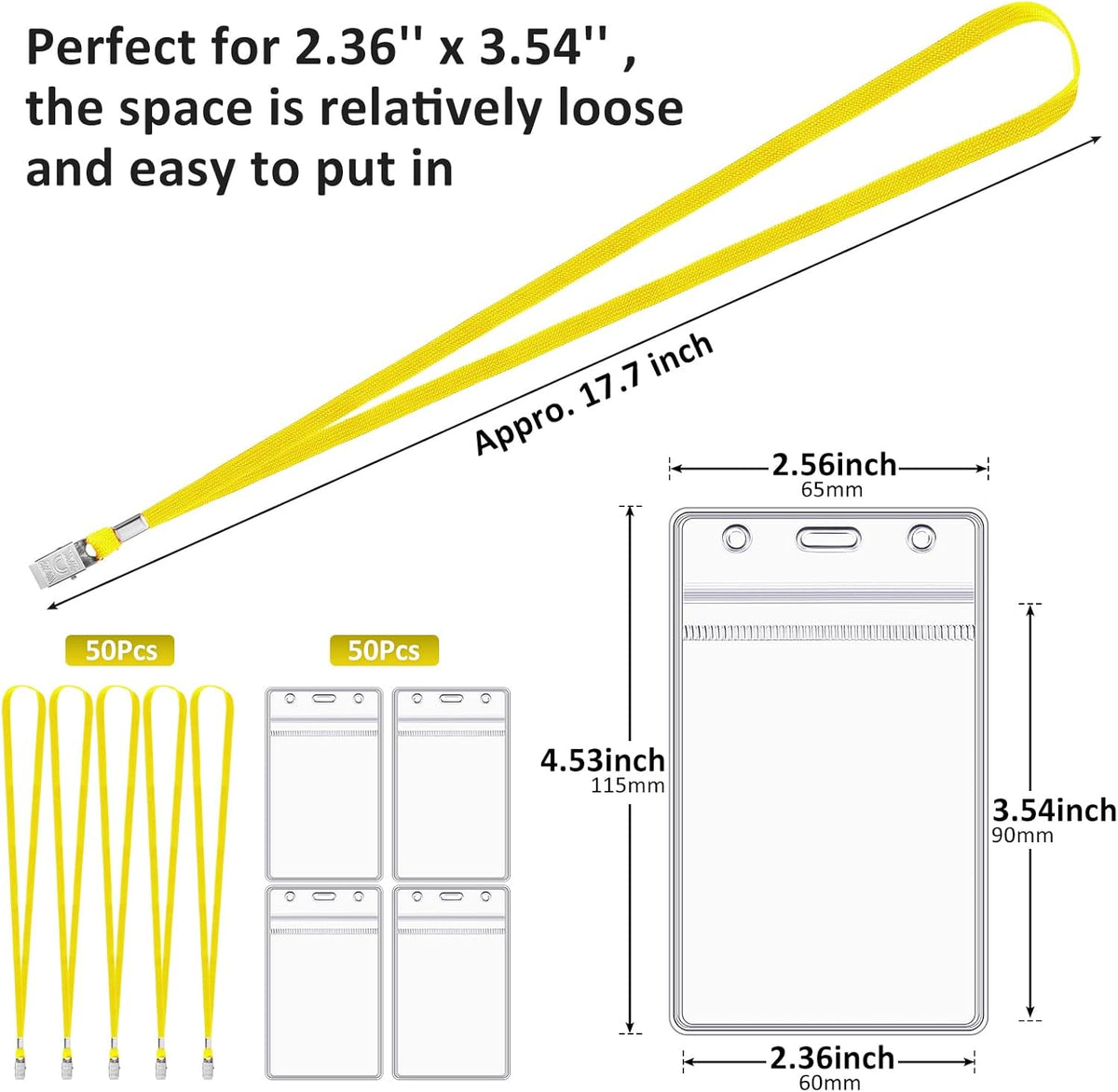 Marspark 100 Pcs Name Tag Lanyards with ID Holder Lanyards for ID Badges Resealable Flat Neck Name Tag with Clip Waterproof Plastic Clear Badges Bulk for School Office Supplies (Yellow)