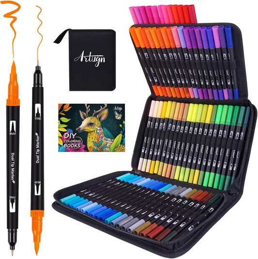 Dual Markers Brush Pens for Adult Kids Coloring Books, 72 Colors Art Marker Set with Fine & Brush Tip Pen for Bullet Journaling, Coloring, Drawing, Hand Lettering, Calligraphy, Art Supplies