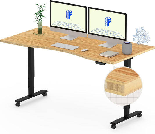 FLEXISPOT E6 MAX Bamboo Dual Motor 3 Stages Standing Desk 55x28 Inch Whole-Piece Board Electric Height Adjustable Stand Up Desk 150KG Load Capacity(Black Frame + Bamboo Curved Desktop)