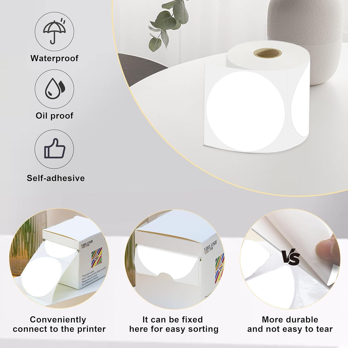 3 X 3 Inch Color Coding Dot Labels Circle White Thermal Printable Waterproof 2000 Pcs Round Stickers Adhesive Writable for Office, Home, Garage, DIY Sticker, Barcodes, Name Tag