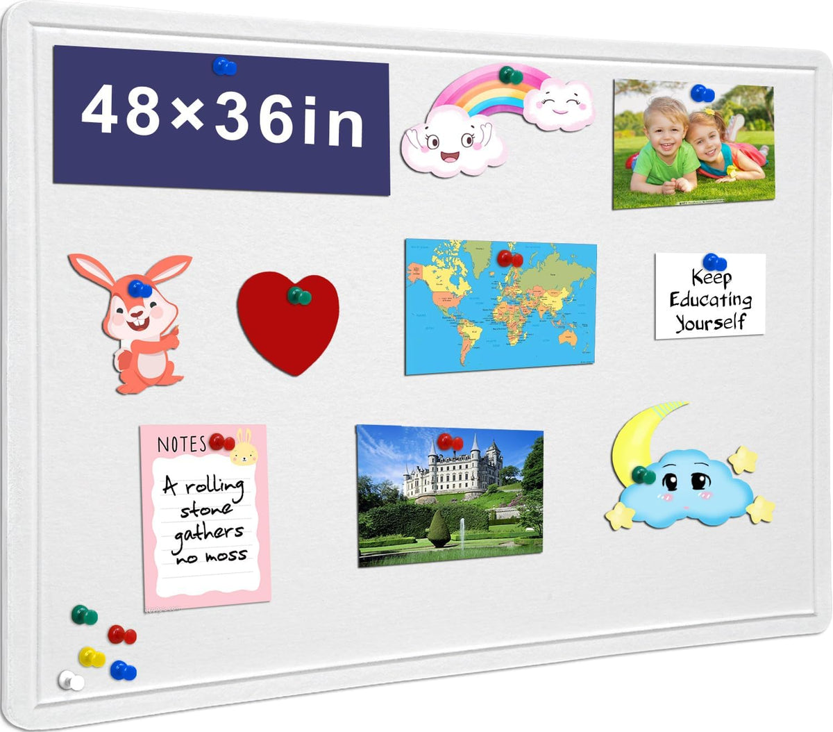Large Bulletin Board, 48 X 36 inches Felt Board Notice Pin Board,4' x 3' Cork Board Alternative for Wall, Self-Adhesive Vision Board Mood Board Foldable Photo Board with 30 Pushpin-Warm White