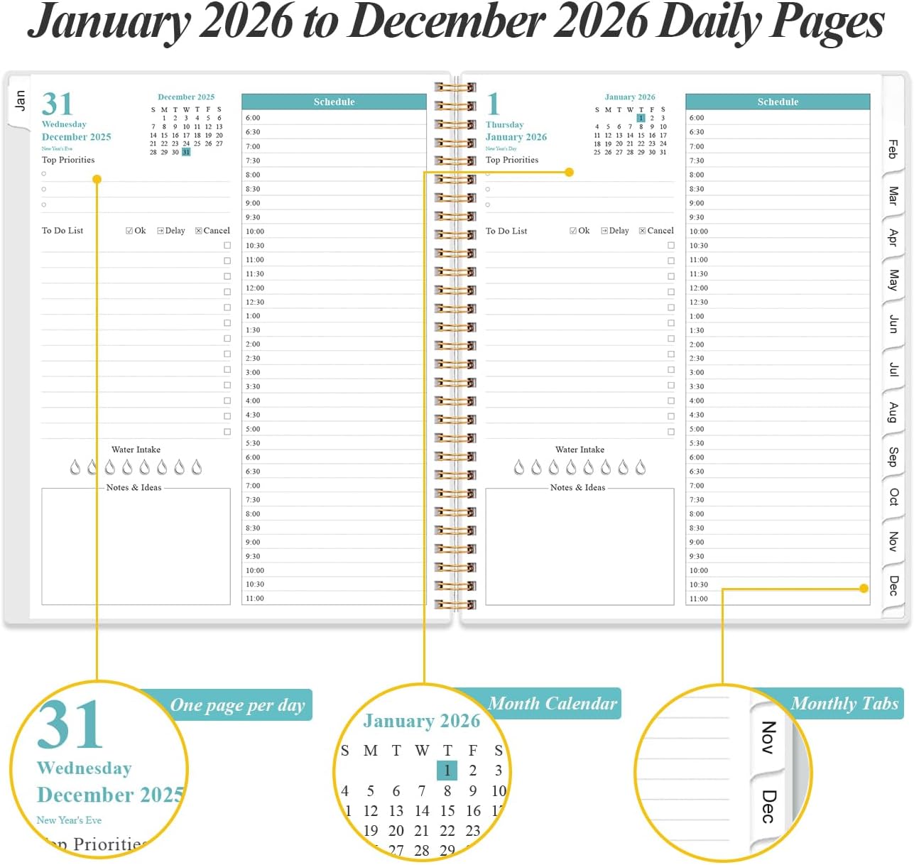 2026 Daily & Monthly Planner - One Page Per Day, Daily Planner from January 2026 - December 2026, Planner 2026 with 12 Monthly Tabs, 8.5" x 11", Blue Leaf Flower