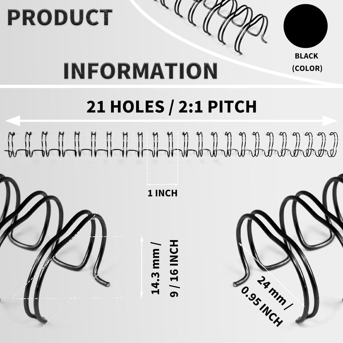 Rayson WR21143BK Wire Binding Spines, 2:1 Pitch Double Loop Binding Wires 9/16 Inch, 21-Loop Wire Ring Pack of 100 with Black