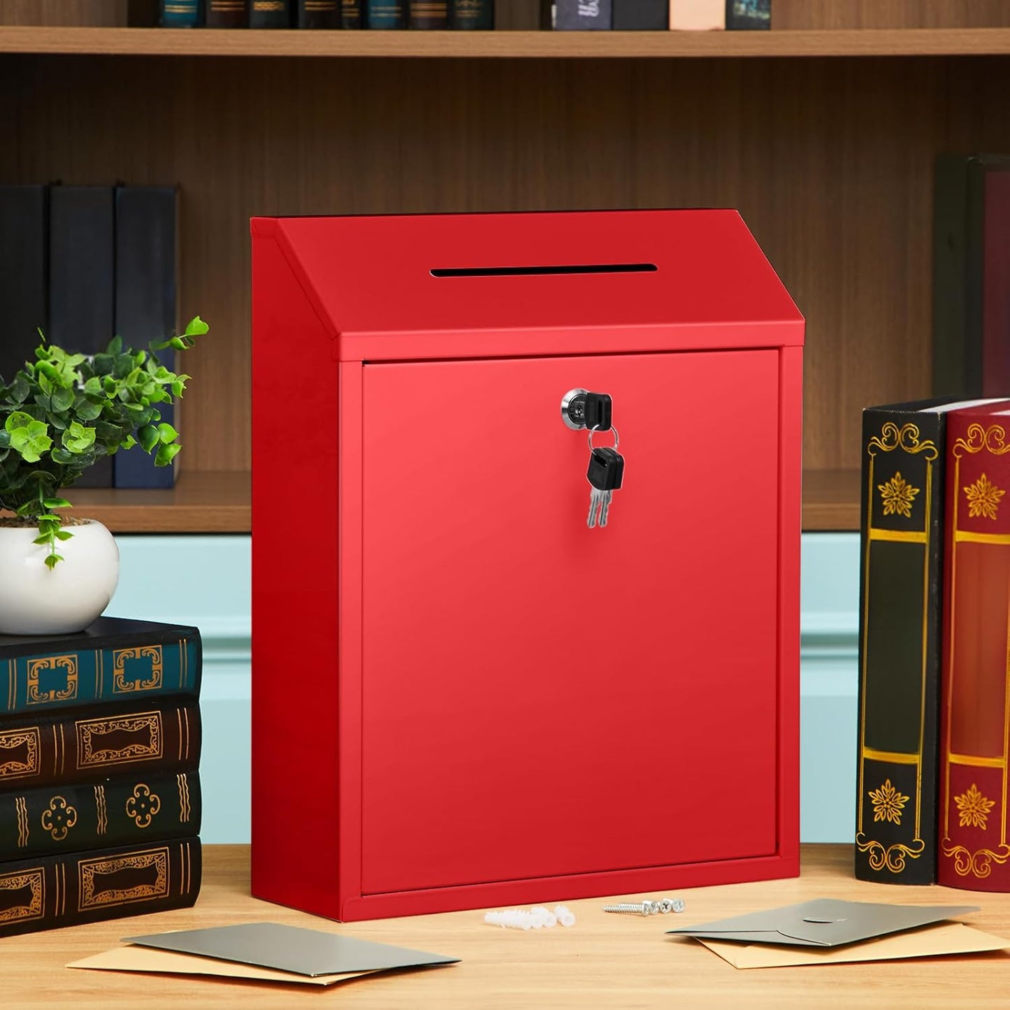Metal Donation Cash Box Collection Safe Suggestion Box with Lock Wall Mounted Mailbox Delivery Ballot Container for Home Office Outdoor Door(Red,15 x 12 x 4 Inch)