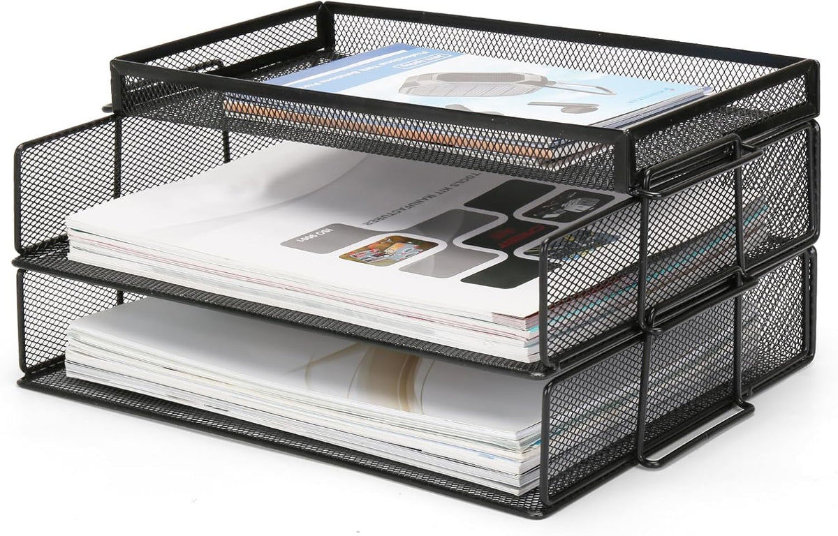Office Drawer Organizer, 2 Tiers Stackable Paper Tray Organizer for Desk, Standing Papers File, Black Mesh/Office File Collation
