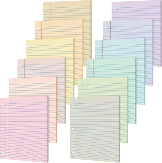 PerKoop 12 Pack 600 Sheets Colored Lined Paper Bulk Wide Ruled 8 x 10.5 Inches, Pastel Loose Leaf Notebook Paper 3 Hole Punched Filler for Back School Classroom Supplies(Light Color)
