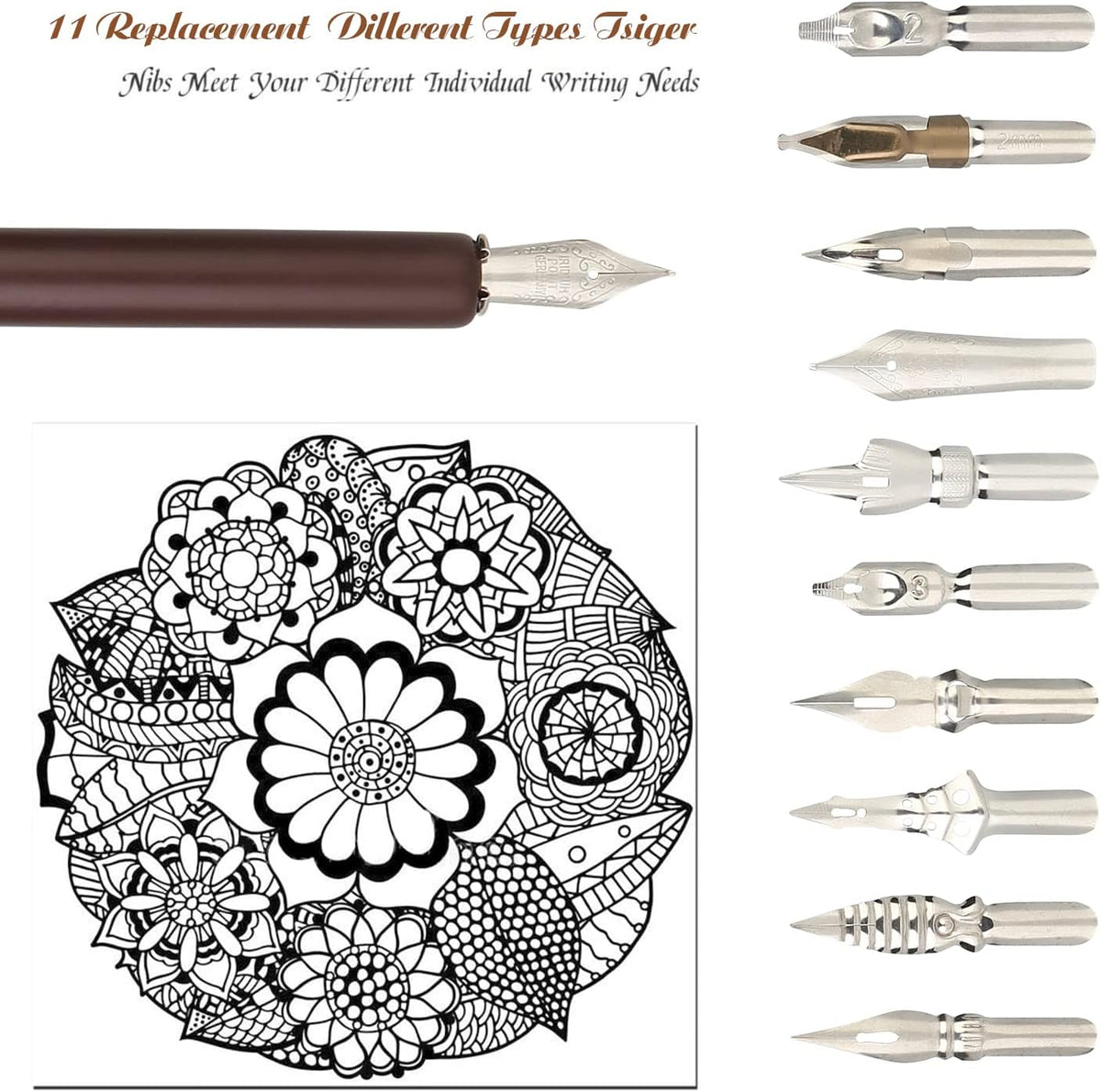 hhhouu Calligraphy Set for Beginners Quill Pen and Ink Set Fancy Pens with Black Ink and 11 Nibs for Lettering,Drawing, Journaling, Signing, Invitation HO-Q-301