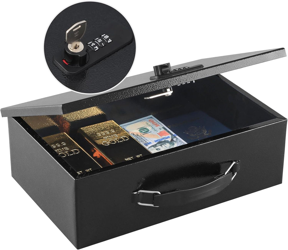 KYODOLED Fireproof Lock Box for Documents, Dual Combination and Key Lock Security with Carrying Handle, Metal Strong Safe Box to Keep Personal Items,Documents, Exterior 12.8" x 8.4" x 4.5", Black