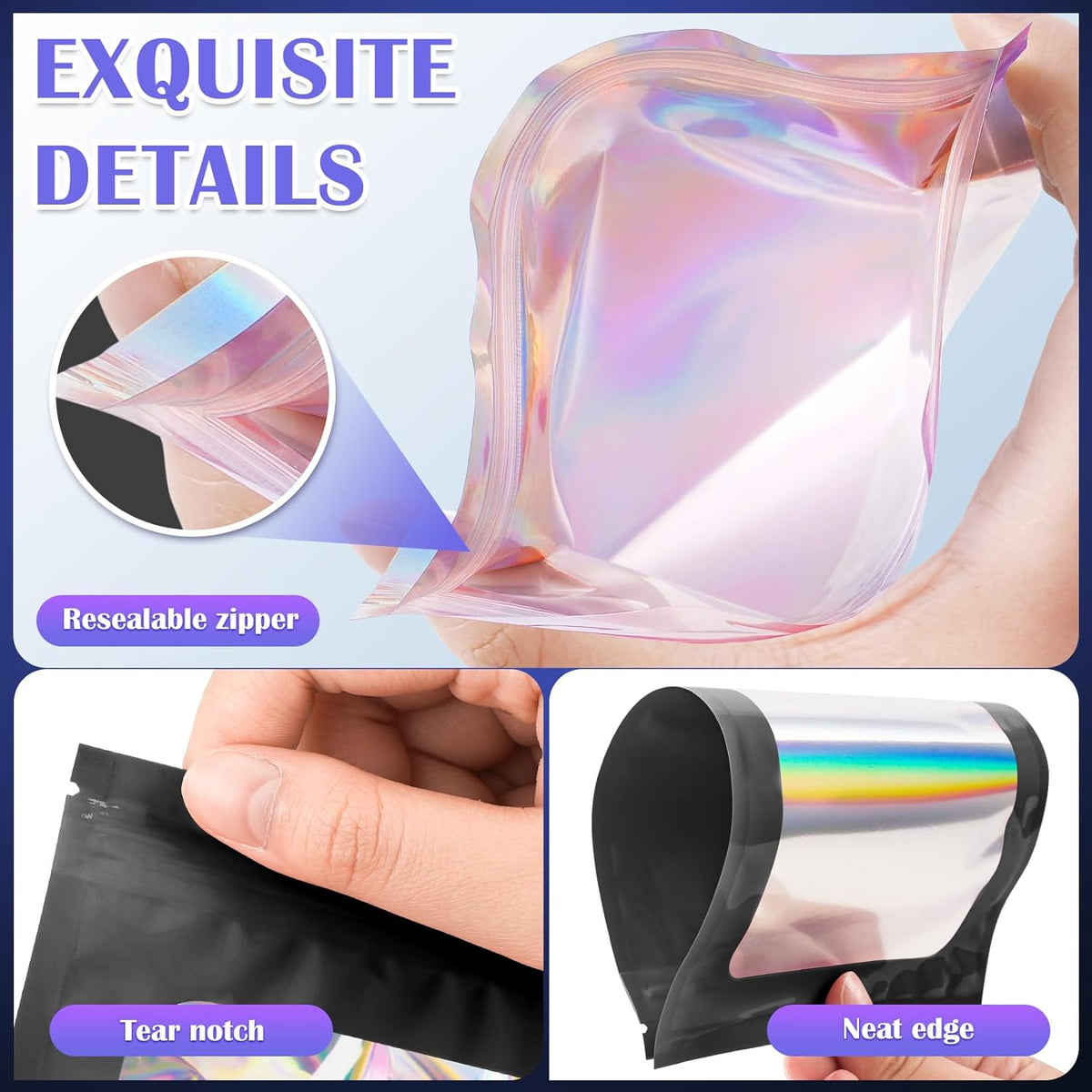 300 Pcs Mylar Bags, Smell Proof Bags Foil Pouch, Holographic Resealable Bags for Small Business, Candy Sample Jewelry Bag Sealable Packaging for Party Favor Food Storage ((2.8x3.9in-Black)