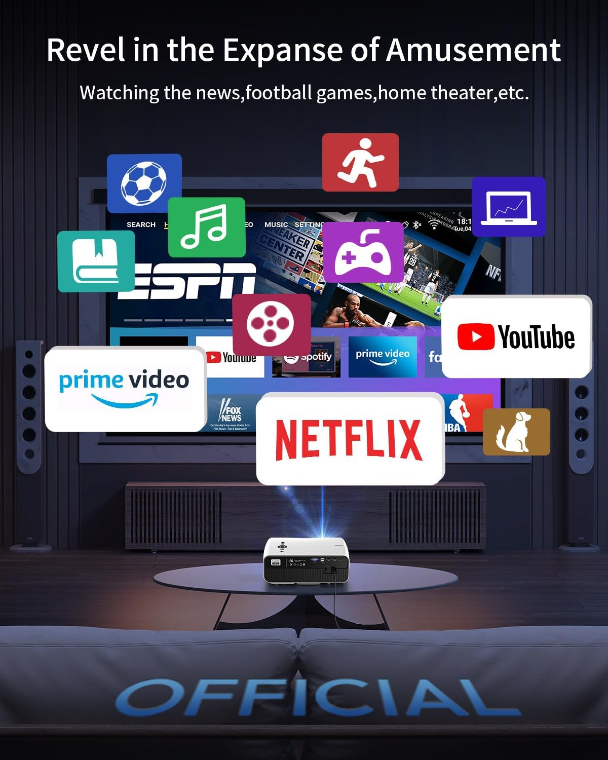 WiFi Bluetooth Movie Projector Indoor 4K, with 2 HDMI ARC, 2 USB, Auto Focus, Smart Android LED Daytime Home Theater Projectors Apps Zoom Keystone for Church, Bedroom, Living /Conference Room, Ceiling