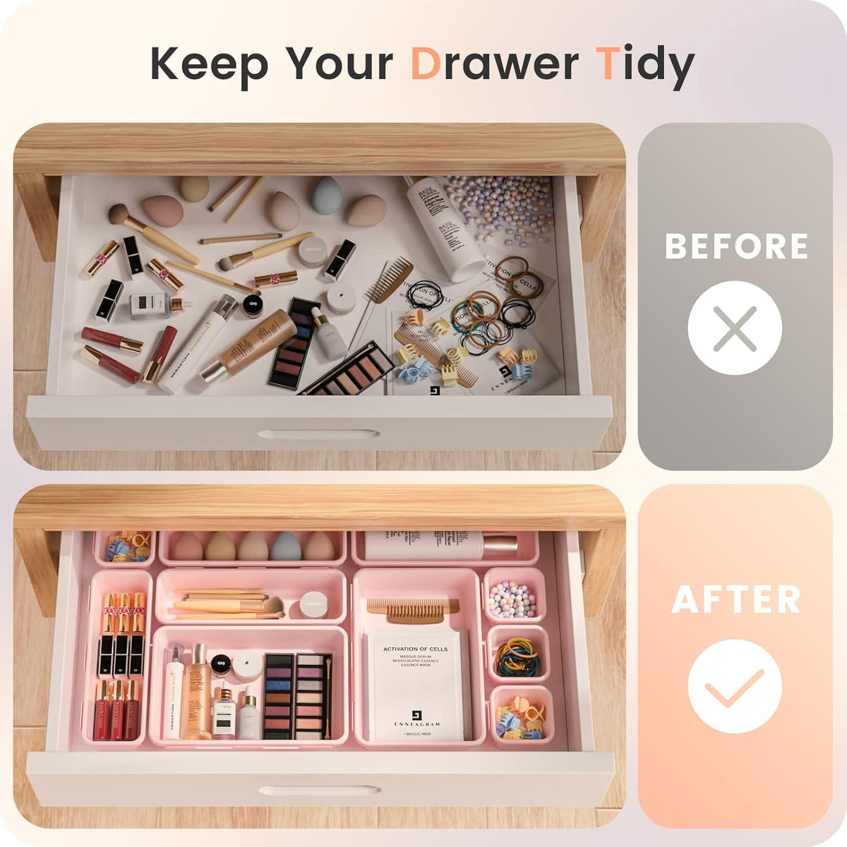 【28PCS】A-LUGEI Drawer Organizer, Bathroom Organizers and Storage, Makeup organizer, Desk drawer organizer, Storage Bins for Kitchen Office Bedroom Vanity Jewelry Pantry Garage【Pink】【4Size】