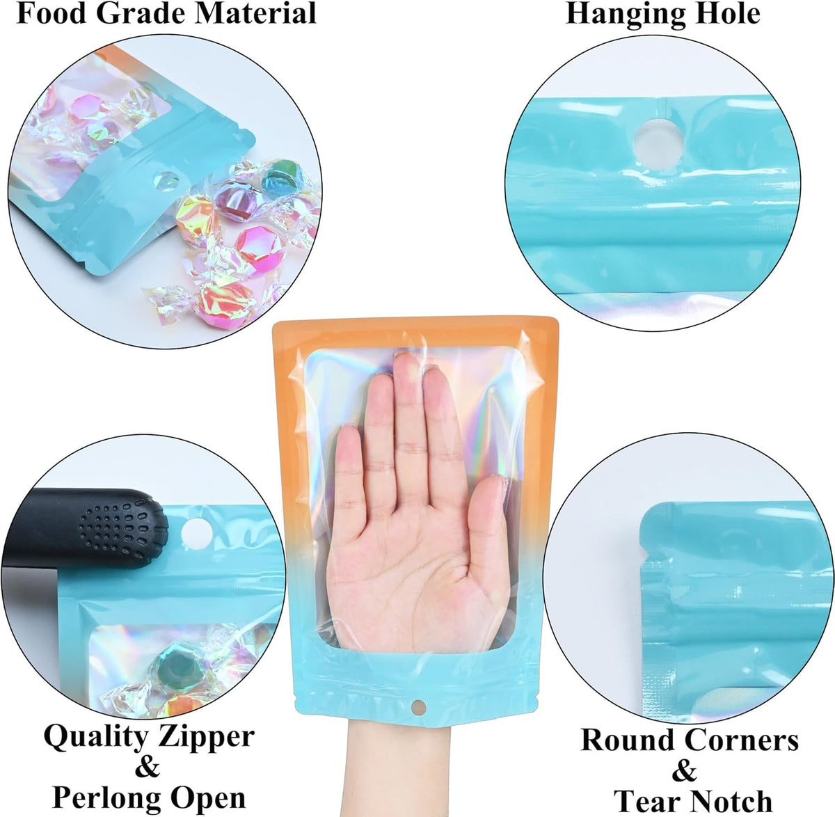 Resealable Mylar Pouch Bag Great for Office Home Party Favor Food Storage (100PCS, Blue and Orange Color, 6.3 x 9.5 inch)