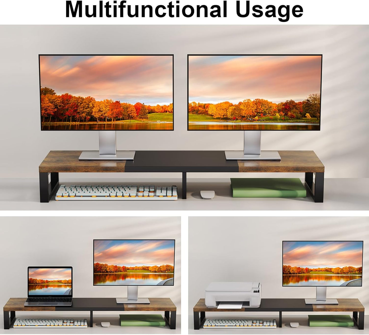 Zimilar Dual Monitor Stand Riser, Large Monitor Stand for Desk, Wood Monitor Riser with Storage Organizer for Home Office, Monitor Stands for 2 Monitors, Desktop Wooden Monitor Riser for Computer