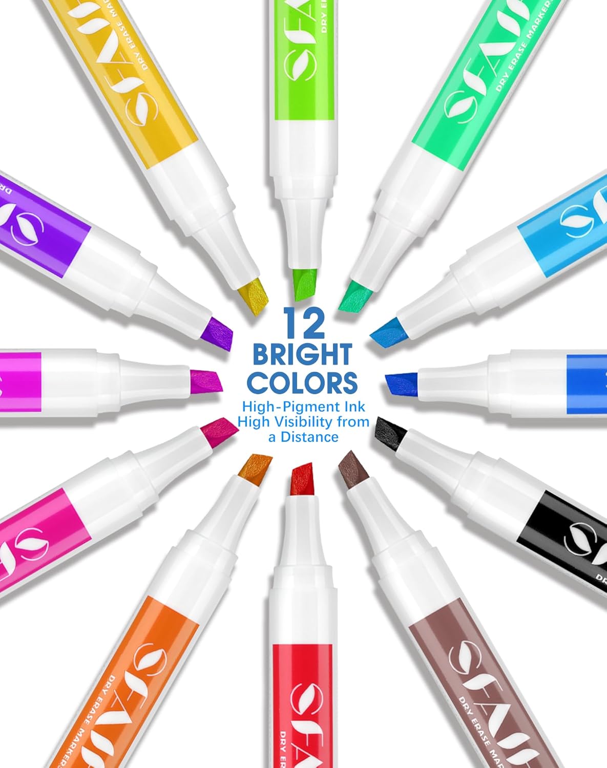 SFAIH Dry Erase Markers Chisel Tip with Magnetic Whiteboard Eraser, 48 Bulk 12 Assorted Colors White Board Markers for Teachers, Versatile Lines, 1s Quickly Dry, Perfect for Classroom and Office