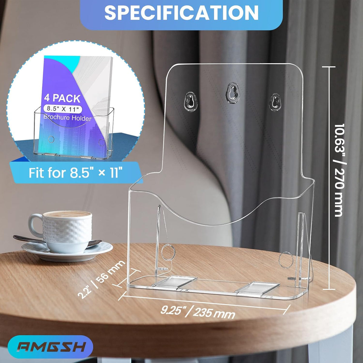 4 Pack Brochure Holder 8.5” x 11”, Acrylic Literature Holder, Plastic Clear Rack Card Display Trifold Brochures Stand Flyer Holder Pamphlet Display Stand, Wall Mount/Countertop