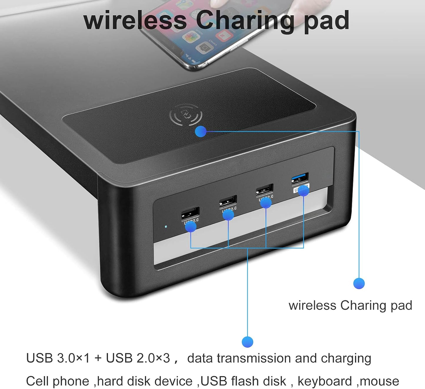 Dual Monitor Stand with Wireless Charging and 4 USB 3.0 Ports, Steel Monitor Stands for 2 Monitors, Metal Computer Stand Riser for Desk, Office, Laptop, PC up to 32 Inches (Black)
