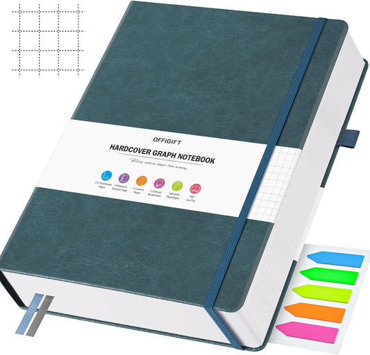 Graph Paper Notebook, 312 Numbered Pages Large A4 Hardcover Leather Journal, 100gsm No Bleed Grid Paper Notebook with Index Pages, Squared Grid Notebook for Graphing Notes Math, 8.5'' × 11'', Grey