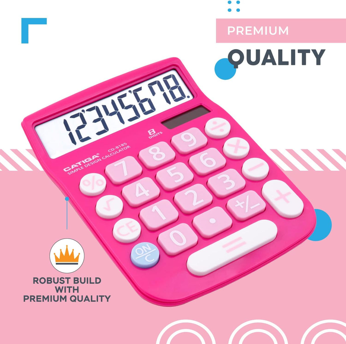 CATIGA Desktop Calculator 8 Digit with Solar Power and Easy to Read LCD Display, Big Buttons, for Home, Office, School, Class and Business, 4 Function Small Basic Calculators for Desk, CD-8185