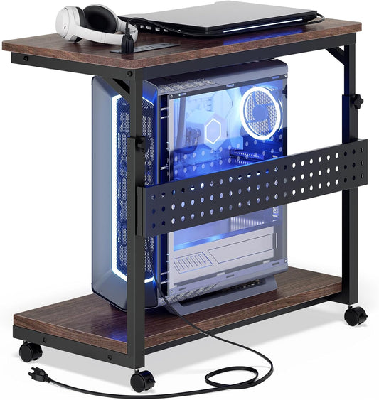 Computer Tower Stand with Power Strips, 4 Levels Manual Height Adjustable PC Tower Stand for Under Desk, Mobile Rolling CPU Holder, Computer Cart with Wheels, 24", Black Walnut