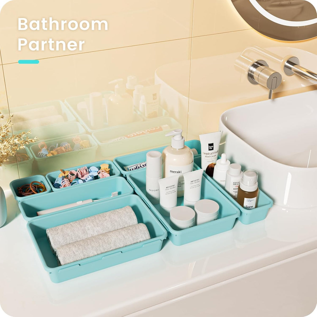 【28PCS】A-LUGEI Drawer Organizer, Bathroom Organizers and Storage, Makeup organizer, Desk drawer organizer, Storage Bins for Kitchen Office Bedroom Vanity Jewelry Pantry Garage【Black】【4Size】