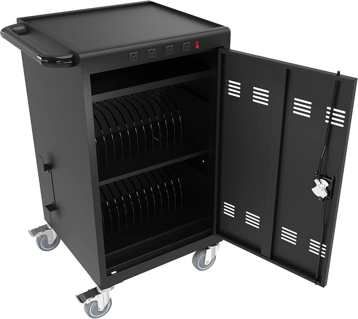 36 Device Charging Cart, Laptop and Tablet Storage Cart, Holds Up to 16.3" with Cord Management, Front and Rear Door Locks, Classroom or Office Charging Cabinet.Black with 4 Position Power Strip