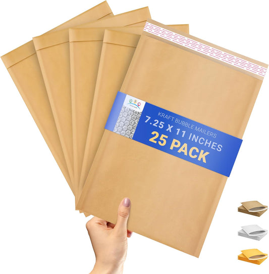 ABC PACK & SUPPLY Brown Kraft Bubble Mailer Envelopes, 7.25 x 11 Inches. 25 Pack Mail Padded Envelopes Self Seal. Kraft Bubble Mailers. Tear-Resistant Mailing Envelope Padded. Sturdy Paper Mailer