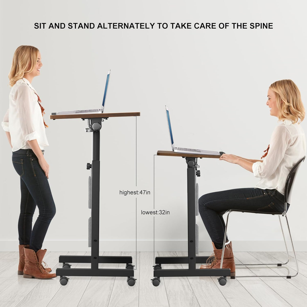 KOUPA Height Adjustable Standing Desk with Storage Bag widths16 in Length 24 in, Portable Rolling Mobile Stand Up Table with Wheels, 360 Degree Flip Laptop Computer Desk for Home Office, Rustic Brown