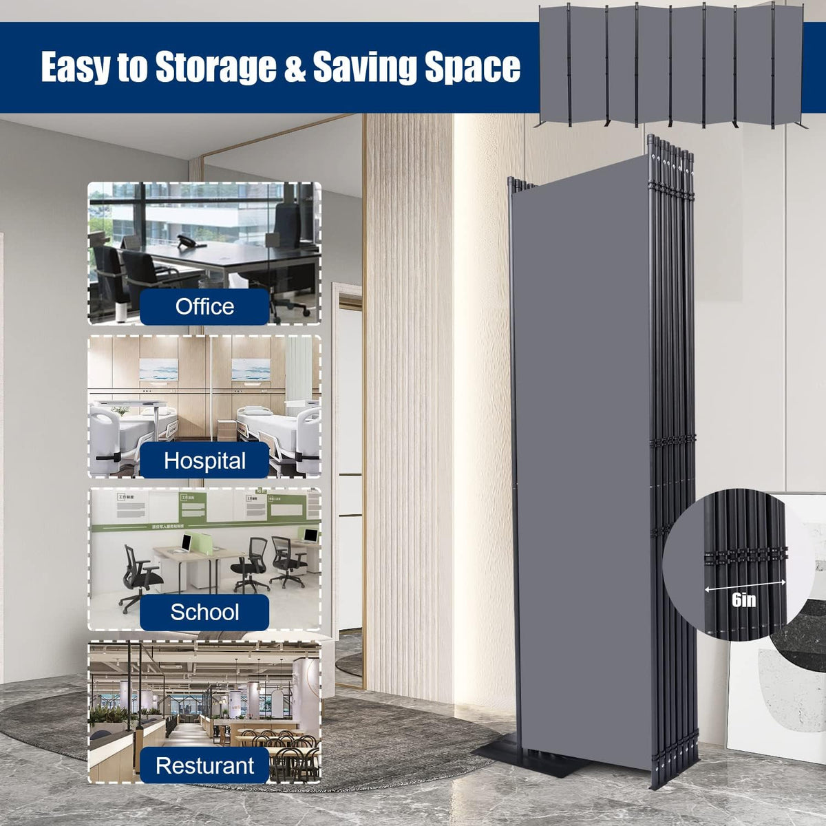 Room Divider 6FT Portable Room Dividers and Folding Privacy Screens, 176'' W Fabric Divider for Room Separation, 8 Panel Partition Room Dividers Freestanding Wall Divider Screen for Dorm Studio Office